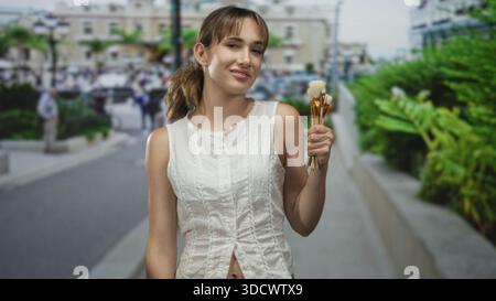 Frau, die auf der Straße Pinsel hält, lächelt und Pinsel hochhält, während sie in einer sonnendurchfluteten Stadtszene neben Gehsteig steht; Selbstvertrauen Kreativität Stockfoto