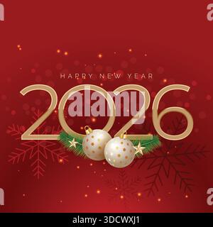Neujahr 2026 Weihnachtsschneeflocken auf rotem Hintergrund Stockfoto Stock Vektor