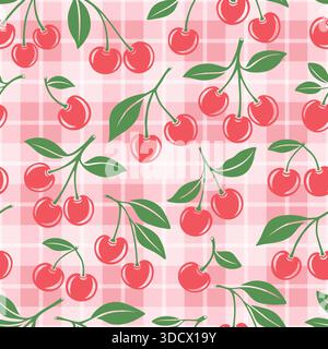 Nahtloses Vektor-Muster mit Cutout Cherry. Einzeln, Paar Kirschen und Kirschhaufen mit Blättern, wiederholter Druck Stock Vektor