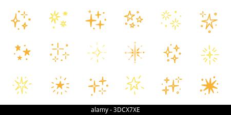 Handgezeichneter Stern, goldfarbene Funkenelemente-Set. Niedliche Sternform funkelnde Glitzer Glanzstift Textur Pinsel Symbol. Handgezeichnete Sketch-Kritzelei. Gelbe Dekoration Hintergrund Vektor-Illustration Stock Vektor