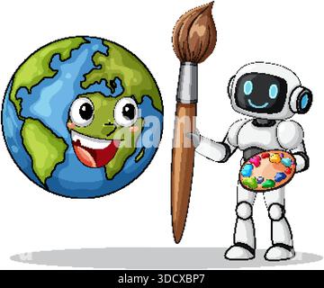 Der lächelnde Karikaturroboter hält Pinsel und Palette neben fröhlicher Erde, heller flacher Vektor-Stil Stock Vektor