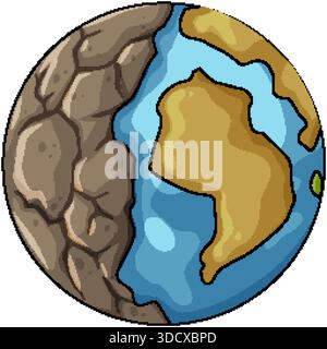 Vektor-Cartoon-Planet Erde mit gerissener felsiger Oberfläche und vereinfachten Kontinenten umgeben von Wasser Stock Vektor