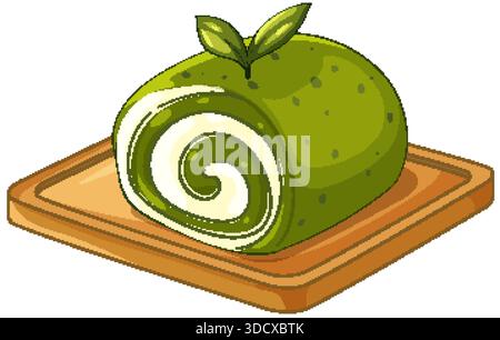 Vektor-Illustration einer grünen Tee Schwamm Kuchenrolle mit Creme Füllung auf Holz Stock Vektor