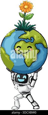 Fröhlicher Karikaturroboter hebt lächelnde Erdkugel mit blühender Blume auf, sauberer weißer Hintergrund Stock Vektor