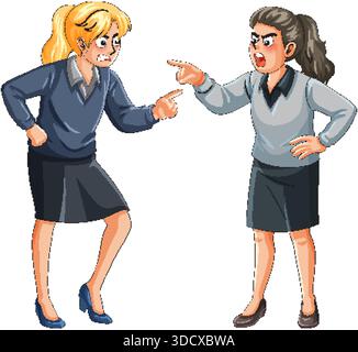 Vektor-Illustration von zwei wütenden Geschäftsfrauen, die von Angesicht zu Angesicht streiten, ausdrucksstarke Gesten, sauberer weißer Hintergrund Stock Vektor