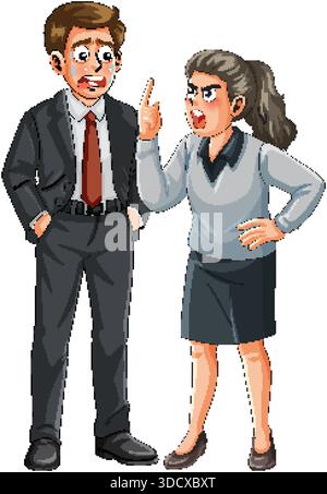 Karikaturvektor einer wütenden Geschäftsfrau, die ängstlichen männlichen Kollegen anschreit, isoliert auf weißem Hintergrund Stock Vektor