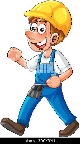 Cartoon-Bauarbeiter in gelbem Schutzhelm, blauem Overall, fröhlichem Ausdruck, weißem Hintergrund Stock Vektor