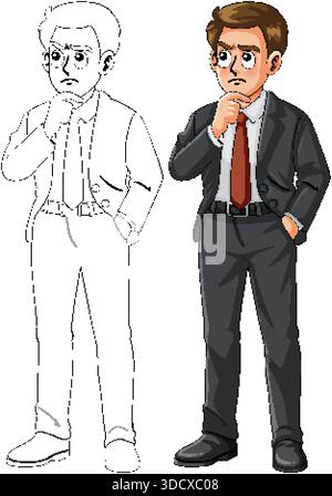 Junger Geschäftsmann im Anzug, Hand am Kinn, nachdenkliche Pose, Vektor-Illustration, Farbe und Umriss Stock Vektor