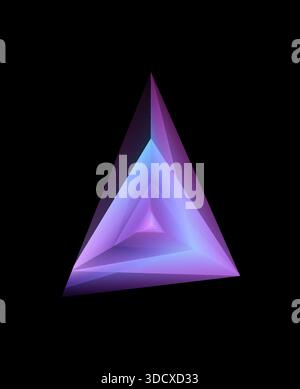 Abstraktes, leuchtendes Prisma, das in violetten und blauen Tönen auf schwarzem Hintergrund gerendert wird und geometrische Symmetrie, strahlende Beleuchtung und polierte 3D-Tiefe zeigt Stockfoto