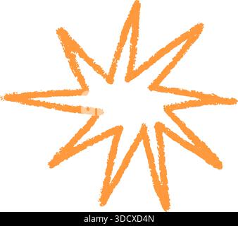 Buntstift-Doodle-Star. Orangefarbenes, handgezeichnetes Feuerwerk-Symbol. Kreidestern platzen. Grafisches Designelement für Buntstifte. Vektorillustration isoliert auf weiß Stock Vektor