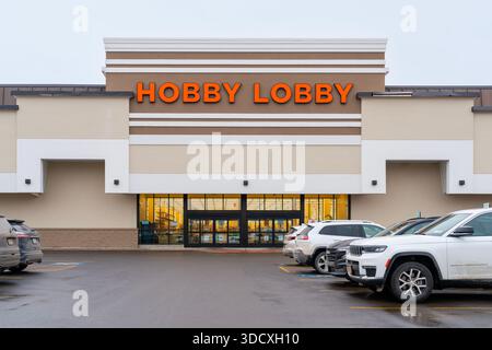 Rom, NY - 17. Dezember 2025: Nahaufnahme der Hobby Lobby, ein großer privater Kunsthandwerkshändler mit über 900 Geschäften in der gesamten United Stat Stockfoto