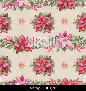 Weihnachtsstern Blumengirlande nahtloses Weihnachtsmuster. Handgezeichnetes Aquarell auf beigem Hintergrund. Florale Winterstimmung für traditionelles Textil und Wickeltuch Stockfoto