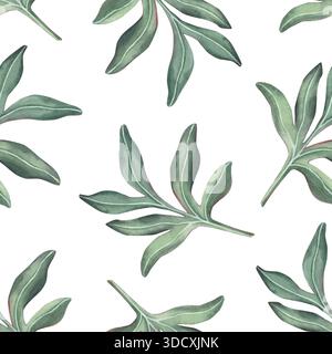 Nahtloses Muster mit zarten Pfingstrosenblättern. Handgemalte botanische Illustration mit Aquarell isoliert auf weiß für Textilien, Verpackungen, Schreibwaren Stockfoto