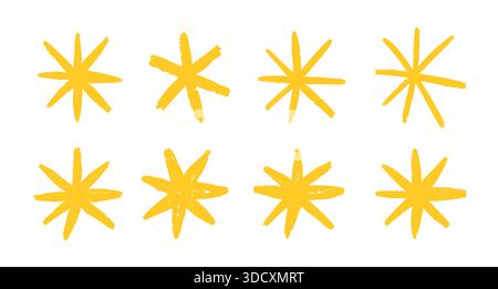 Stern Buntstift Kreide Hand gezeichnet Hintergrund Skizzenfarbe. Gelbes Buntstift-Stern-Collage-Sticker-Doodle-Element. Stock Vektor