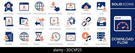 Symbole für Download Flow. Symbol für Dateiübertragung, Cloud-Synchronisierung, Datenspeicherung und Online-Zugriff. Vektorabbildung. Stock Vektor