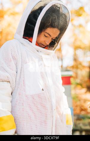 Imkerin inspiziert Bienen im Herbstbienenhaus Stockfoto
