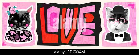 Skurrile horizontale Vektorbanner mit Collage-Katzen, auffälligen geometrischen Text Love und Herzen für Valentinstag und Hochzeitgrafik-Design Stock Vektor