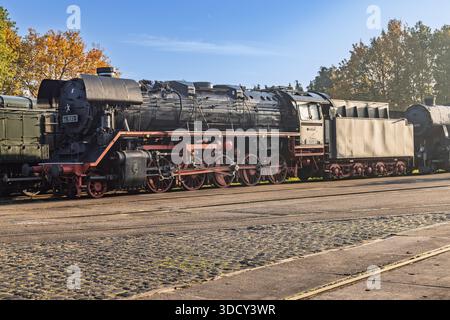 Seitenansicht einer massiven schwarzen Dampflokomotive der Veluwsche Stoomtrein Maatschappij, die an einem sonnigen Herbsttag auf Gleisen geparkt ist. Stockfoto