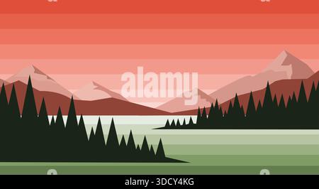 Eine schöne minimalistische, flache Design-Vektor-Illustration einer Berglandschaft bei Sonnenuntergang oder Sonnenaufgang. Stock Vektor