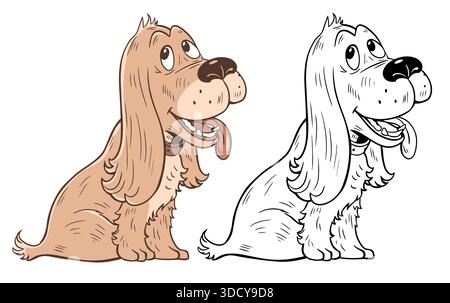 Cartoon Spaniel Hund sitzend isoliert Farbe und Umriss Set Stock Vektor