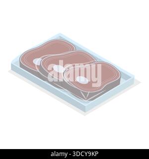 Isometrisches 3D-Flachset gefrorenes Fleisch, vakuumverpackte Lebensmittel. Punkt 5 Stockfoto