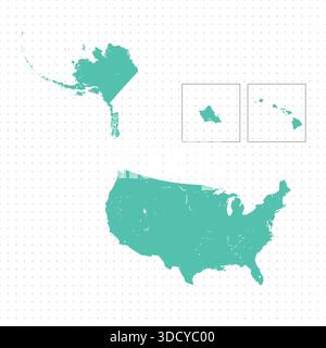 Karte der Vereinigten Staaten von Amerika, Schild Silhouette. Detaillierte Karte der USA. Weltkarte Globe. Vektorillustration isoliert auf weißem Hintergrund. Nordamerika Stock Vektor