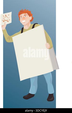 Ein junger Mann/ein menschliches Plakat, das eine Werbung auf seiner Person zeigt. Stock Vektor