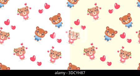 Süßes, nahtloses Bärenpaar-Muster mit Herzen Stock Vektor