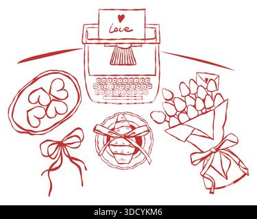 Vintage-Vektor-Illustration für Valentinstag, Hochzeit und Geburtstag. Romantisches Clipart mit einer roten Umrissvektor-Illustration. Retro-Schreibmaschine, Süßigkeiten, Croissants und ein Blumenstrauß Stock Vektor