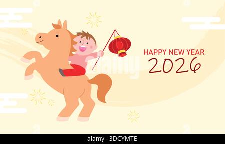 Ein Kind reitet auf einem Sternenpferd und hält eine chinesische Laterne. Glückwunschkarte zum chinesischen Neujahr 2026. Stock Vektor