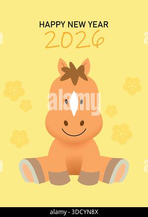 Happy chinese New Year of the Horse 2026 Grußkarte. Niedliches Tierzeichen Pferd in Cartoon-Stil Porträt Vektor Illustration. Stock Vektor