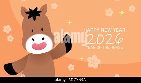 Niedliche Tierzeichen Pferd Porträt Vektorkarte. Chinesisches Neujahr des Pferdes 2026 Vektor-Illustration mit floralem Muster Hintergrund. Stock Vektor