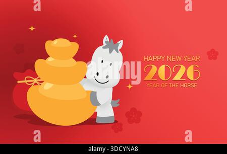 Niedliches Tierzeichen-Pferd, das einen Haufen Goldbarren hält. Chinesisches Neujahr des Pferdes 2026 Vektorkarte Illustration im Zeichentrickstil. Stock Vektor