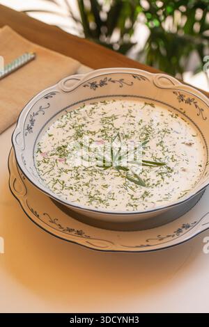 Kalte Okroshka-Suppe mit Kräutern, serviert in einer Schüssel Stockfoto