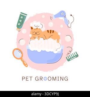 Tierpflege, Katzenpflege. Niedliche Ingwerkatze, die ein Schaumbad nimmt, Haustierpflegeset, Haartrockner, Creme, Spiegel, Bürste. Tierkosmetik. Tierhygiene Stock Vektor