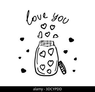 Illustration eines offenen Glasgefäßes mit Herzen und der Inschrift I love you. Handgezeichnete Zeichnungen zum Erstellen einer Valentinstag-Grußkarte Stock Vektor