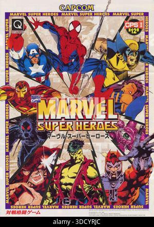 1995 Capcom Kampfspiel Marvel Super Heroes Ad, enthält Charaktere aus dem Marvel Universum, einschließlich Spider-man, Wolverine, Captain America, Iron man, und der Hulk Stockfoto