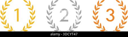 Goldene, silberne und bronzene Auszeichnungen, Lorbeerkranz-Ikonen auf weißem Hintergrund. Vektorabbildung Stock Vektor