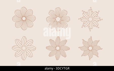 Abstrakte esoterische Boho-Sonnen. Minimalistisch elegante Bohème-Formen wie Hibiskusblüten. Vektormoderne ästhetische Sonnen. Stock Vektor