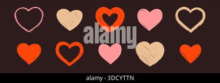 Rote und rosafarbene Kreide-Herzformen-Kollektion mit Grunge-Textur. Liebessymbole auf Tafel gezeichnet für Valentinstag, Hochzeit, Junggesellinnen, br Stock Vektor