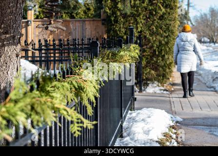Eine Senior Lady macht einen Spaziergang an einem klaren, sonnigen, aber kalten Winternachmittag in Ontario Stockfoto
