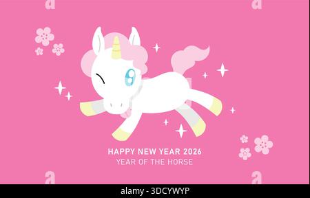 Niedliche Zeichentrick-Einhorn-Vektor-Illustration. Happy chinese New Year of the Horse 2026 Grußkartendesign. Stock Vektor