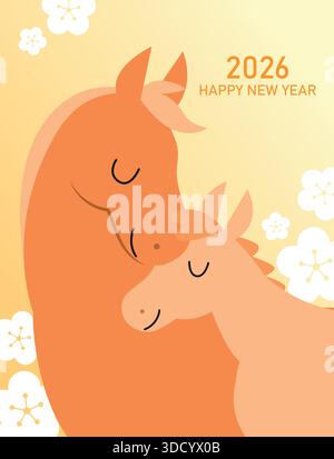 Jahr des Pferdes 2026 Grußkarte mit Eltern und Kind. Stutenvektor-Illustration. Stock Vektor