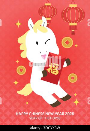 Niedliches Cartoonpferd mit rotem Umschlag. Chinesisches Neujahrsfest des Pferdes 2026 Grußkarte. Zodiakpferd mit dekorativen Laternen. Stock Vektor