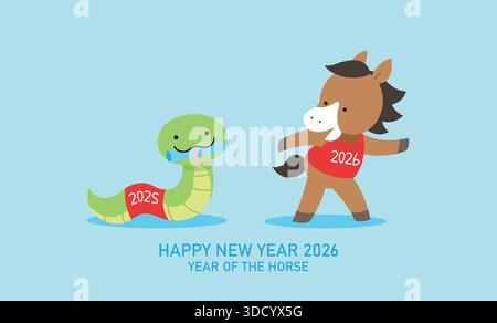 Zodiac Tiere Relay Race Vektor Illustration. Zodiakschlange und Zodiakpferd für das Jahr des Pferdes 2026. Mondneujahr des Pferdes 2026. Stock Vektor