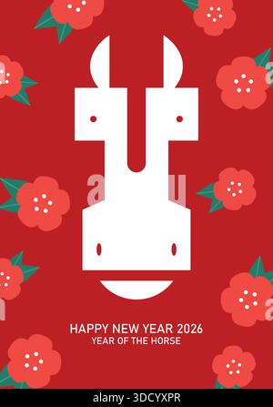 Minimalistischer Tierkreispferdekopf auf einem Hintergrund mit Blumenmuster. Lustiges chinesisches Neujahr der Pferdekarte 2026. Stock Vektor