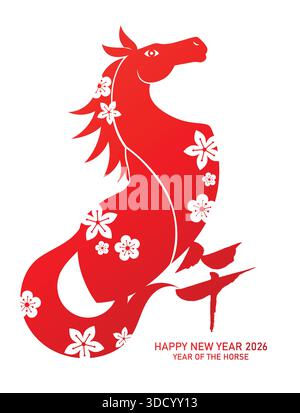 Stilisiertes chinesisches Tierzeichen-Pferd im Papierschnitt mit Pflaumenblüten-Muster. Chinesisches Neujahr 2026 minimalistische Grußkarte. Stock Vektor