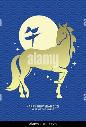 Elegante Sternzeichen-Pferd-Silhouette auf Mondhintergrund. Glückliches Mondneujahr des Pferdes 2026 Plakatvektor-Illustration. Stock Vektor