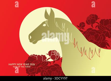Zodiac Pferdekopf aus Profil. Chinesisches Neujahr des Pferdes 2026 Grußkarte mit Pferdeporträt Silhouette auf Pfingstrosen Hintergrund. Stock Vektor