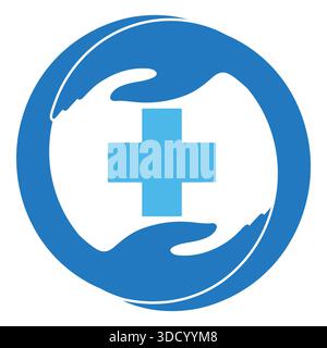 Abbildung des Health Care-Logos. Hände, die ein medizinisches Kreuz auf weißem Hintergrund halten Stock Vektor